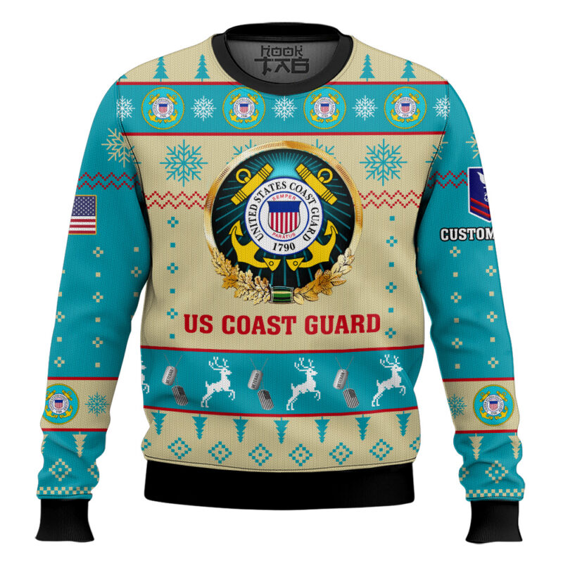 Hooktab US Coast Guard Proudly Served - Custom Name And Rank Ugly Sweater