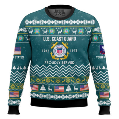 Hooktab US Coast Guard Proudly Served Veteran - Custom Name, Rank And Years Of Service Ugly Sweater