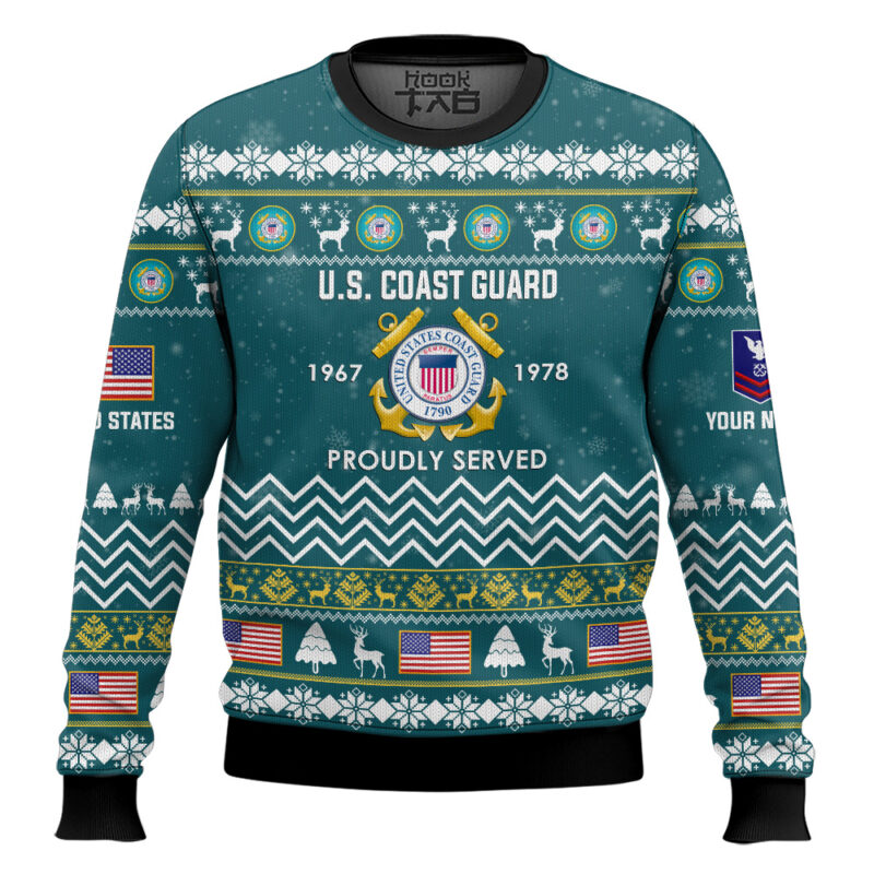 Hooktab US Coast Guard Proudly Served Veteran - Custom Name, Rank And Years Of Service Ugly Sweater