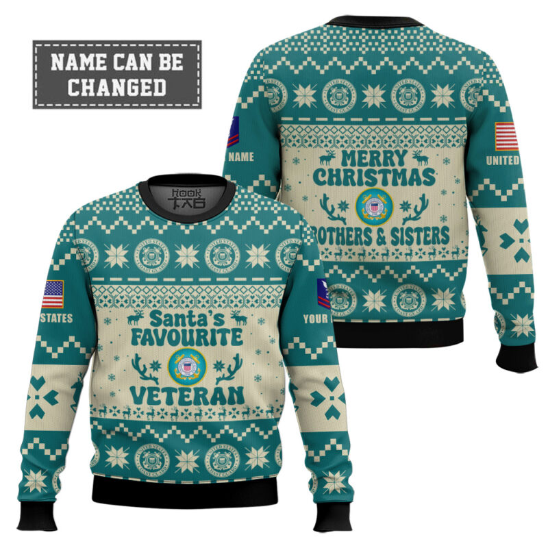 Hooktab US Coast Guard Santa's Favourite Veterans - Custom Name And Rank Ugly Sweater Hooktab US Coast Guard Santa's Favourite Veterans - Custom Name And Rank Ugly Sweater