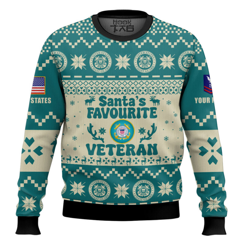 Hooktab US Coast Guard Santa's Favourite Veterans - Custom Name And Rank Ugly Sweater