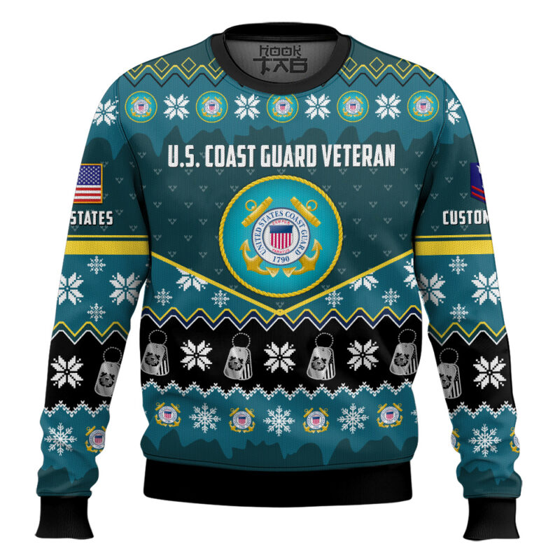 Hooktab US Coast Guard Strong And Brave - Custom Name And Rank Ugly Sweater