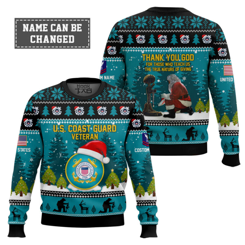 Hooktab US Coast Guard Thank You God - Custom Name And Rank Ugly Sweater Hooktab US Coast Guard Thank You God - Custom Name And Rank Ugly Sweater