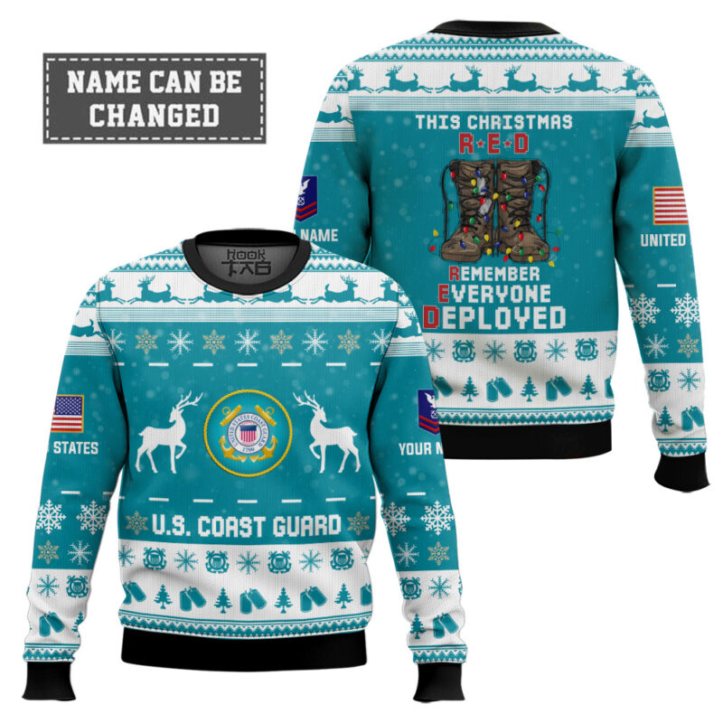 Hooktab US Coast Guard This Christmas R.E.D - Custom Name And Rank Ugly Sweater Hooktab US Coast Guard This Christmas R.E.D - Custom Name And Rank Ugly Sweater