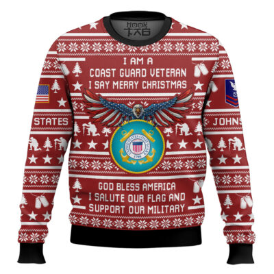 Hooktab US Coast Guard Veteran Merry Christmas - Custom Name And Rank Ugly Sweater