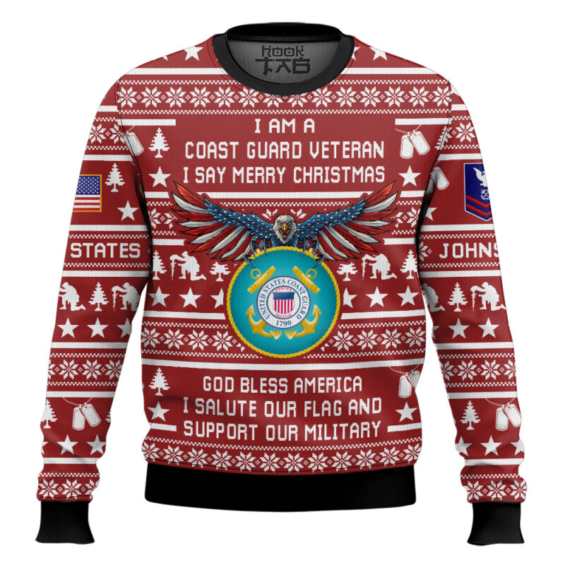 Hooktab US Coast Guard Veteran Merry Christmas - Custom Name And Rank Ugly Sweater