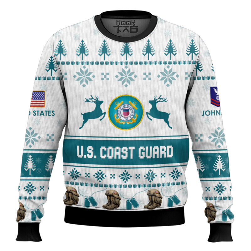 Hooktab US Coast Guard Veteran Proudly Served - Custom Name And Rank Ugly Sweater