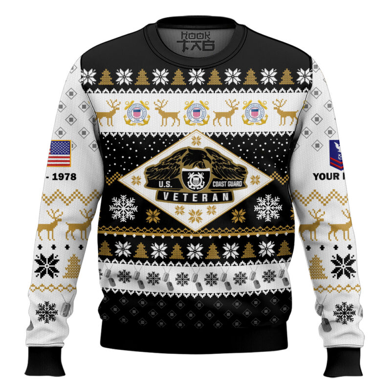 Hooktab US Coast Guard Veterans - Custom Name, Rank And Years Of Service Ugly Sweater