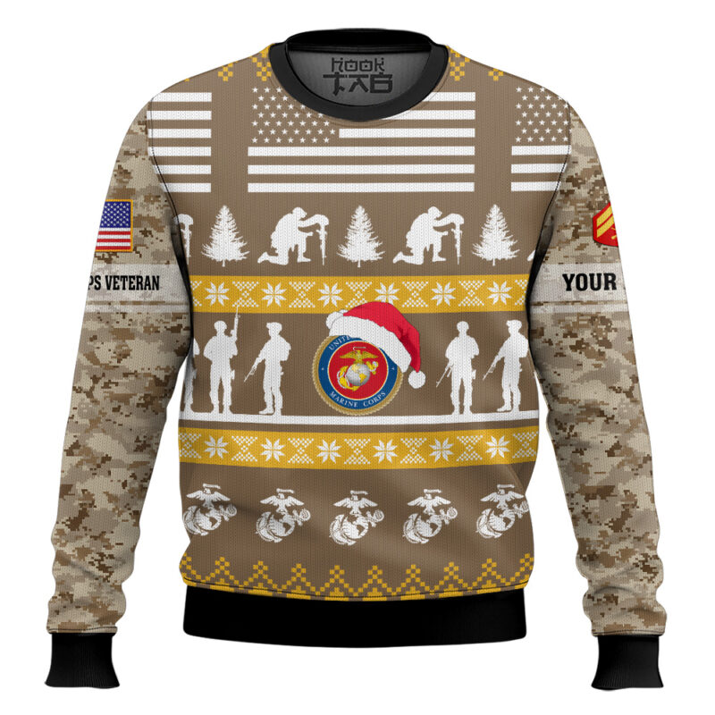 Hooktab US Marine Corps Be Nice To Veterans Remember Santa Is Always Watching - Custom Name And Rank Ugly Sweater
