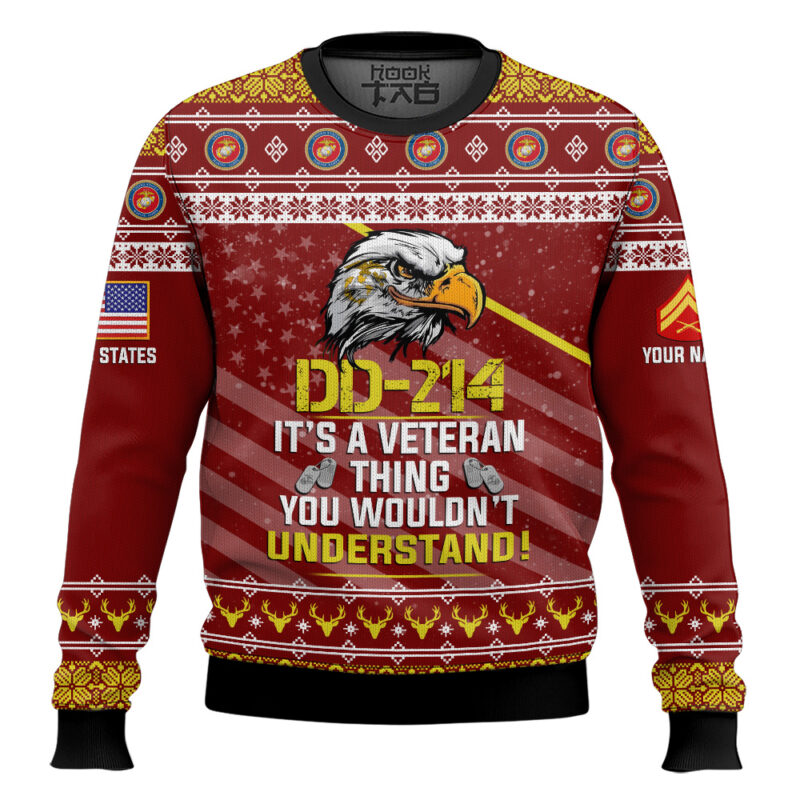Hooktab US Marine Corps DD-214 It's A Veteran Thing You Wouldn't Understand - Custom Name And Rank Ugly Sweater