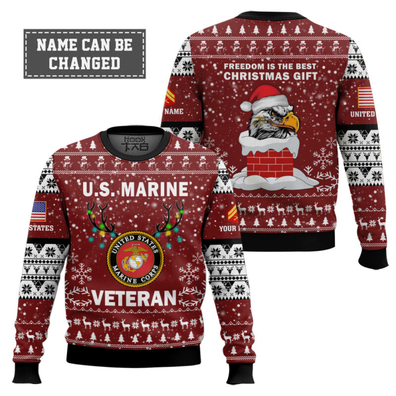 Hooktab US Marine Corps Freedom Is The Best Gift - Custom Name And Rank Ugly Sweater Hooktab US Marine Corps Freedom Is The Best Gift - Custom Name And Rank Ugly Sweater