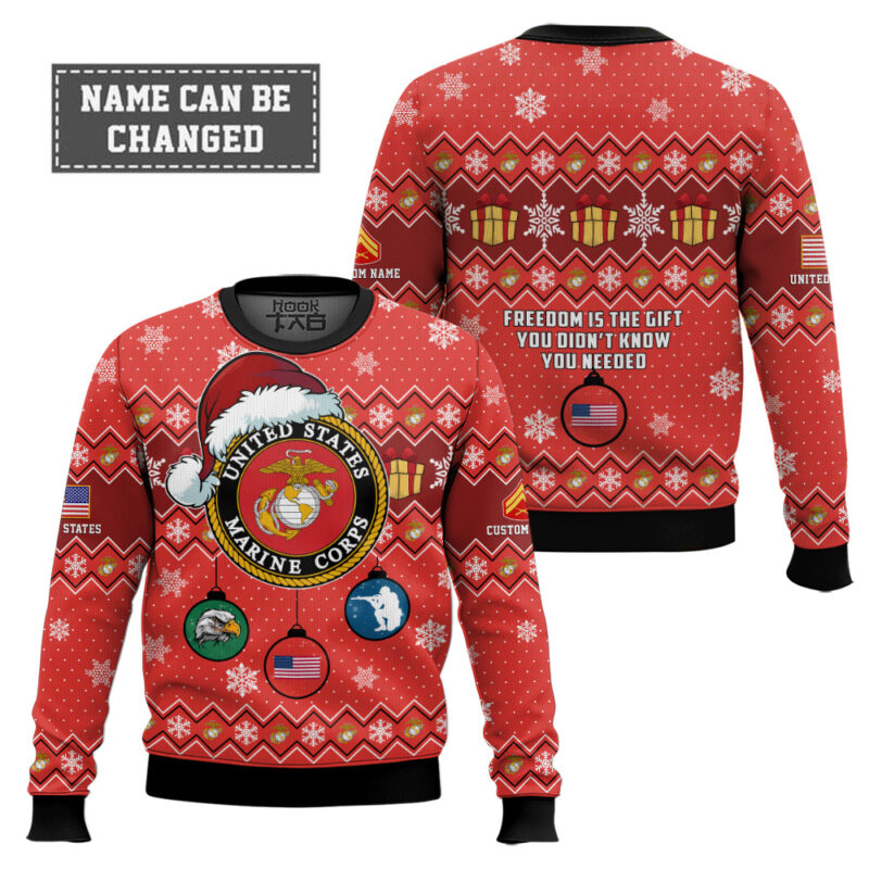 Hooktab US Marine Corps Freedom Is The Gift You Didn't Know You Needed - Custom Name And Rank Ugly Sweater Hooktab US Marine Corps Freedom Is The Gift You Didn't Know You Needed - Custom Name And Rank Ugly Sweater