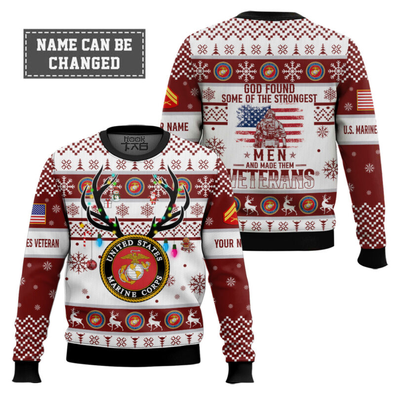 Hooktab US Marine Corps God Found The Strongest Men And Made Them Veteran - Custom Name And Rank Ugly Sweater Hooktab US Marine Corps God Found The Strongest Men And Made Them Veteran - Custom Name And Rank Ugly Sweater