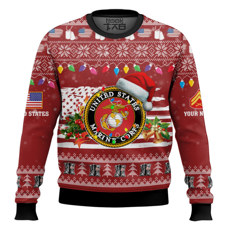 Hooktab US Marine Corps Have Yourself A Military Christmas - Custom Name And Rank Ugly Sweater