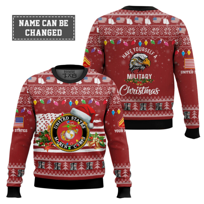 Hooktab US Marine Corps Have Yourself A Military Christmas - Custom Name And Rank Ugly Sweater Hooktab US Marine Corps Have Yourself A Military Christmas - Custom Name And Rank Ugly Sweater