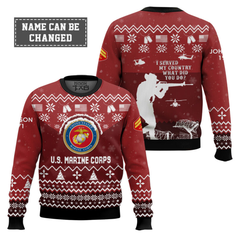 Hooktab US Marine Corps I Served My Country - Custom Name, Rank And Years Of Service Ugly Sweater Hooktab US Marine Corps I Served My Country - Custom Name, Rank And Years Of Service Ugly Sweater