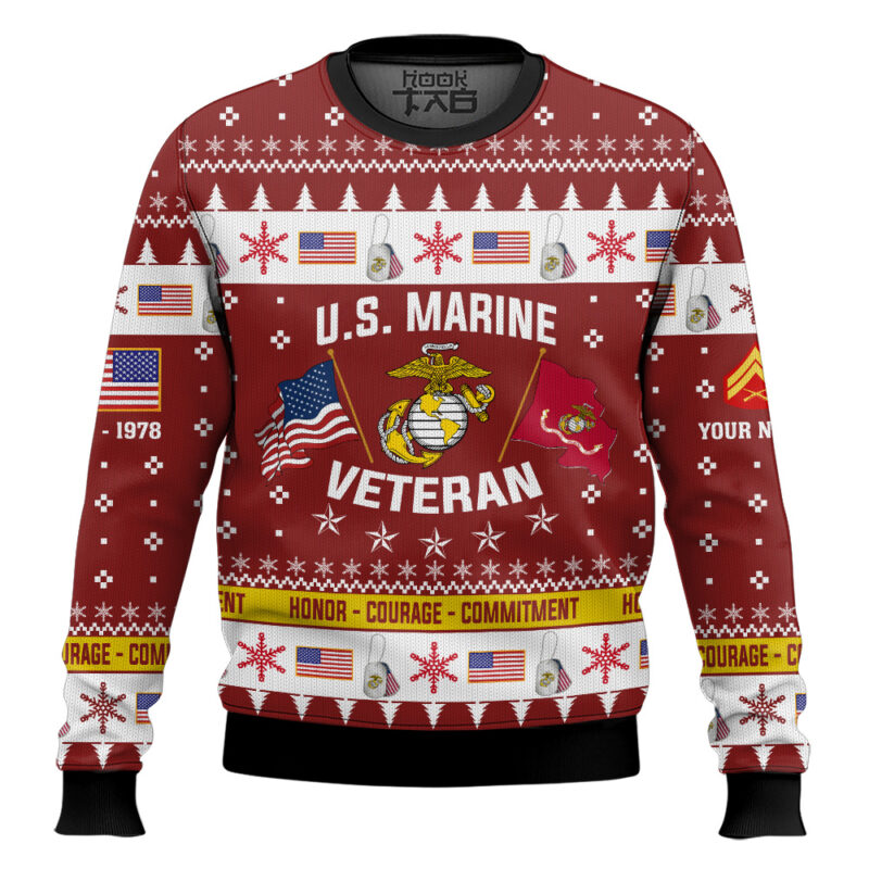 Hooktab US Marine Corps I Served My Country And Damn Proud Of It - Custom Name, Rank And Years Of Service Ugly Sweater