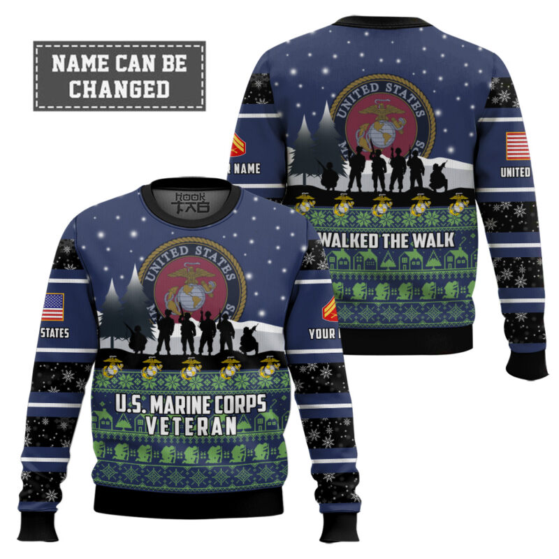 Hooktab US Marine Corps I Walked The Walk - Custom Name And Rank Ugly Sweater Hooktab US Marine Corps I Walked The Walk - Custom Name And Rank Ugly Sweater