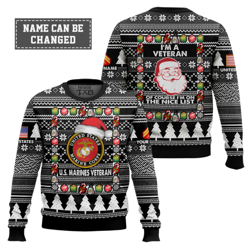 Hooktab US Marine Corps I'm A Veteran, Of Course I'm On The Nice List - Custom Name And Rank Ugly Sweater Hooktab US Marine Corps I'm A Veteran, Of Course I'm On The Nice List - Custom Name And Rank Ugly Sweater