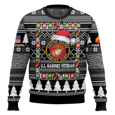 Hooktab US Marine Corps I'm A Veteran, Of Course I'm On The Nice List - Custom Name And Rank Ugly Sweater
