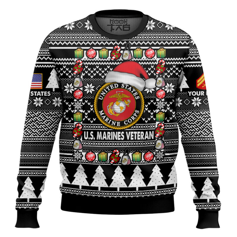 Hooktab US Marine Corps I'm A Veteran, Of Course I'm On The Nice List - Custom Name And Rank Ugly Sweater