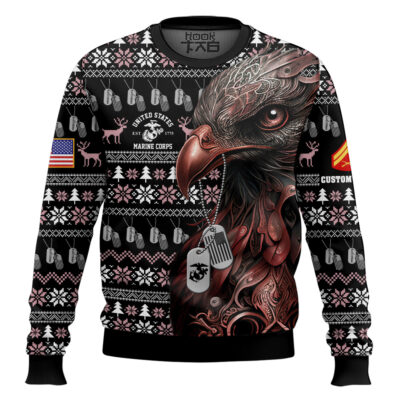 Hooktab US Marine Corps Liberty Eagle I Served My Country - Custom Name And Rank Ugly Sweater