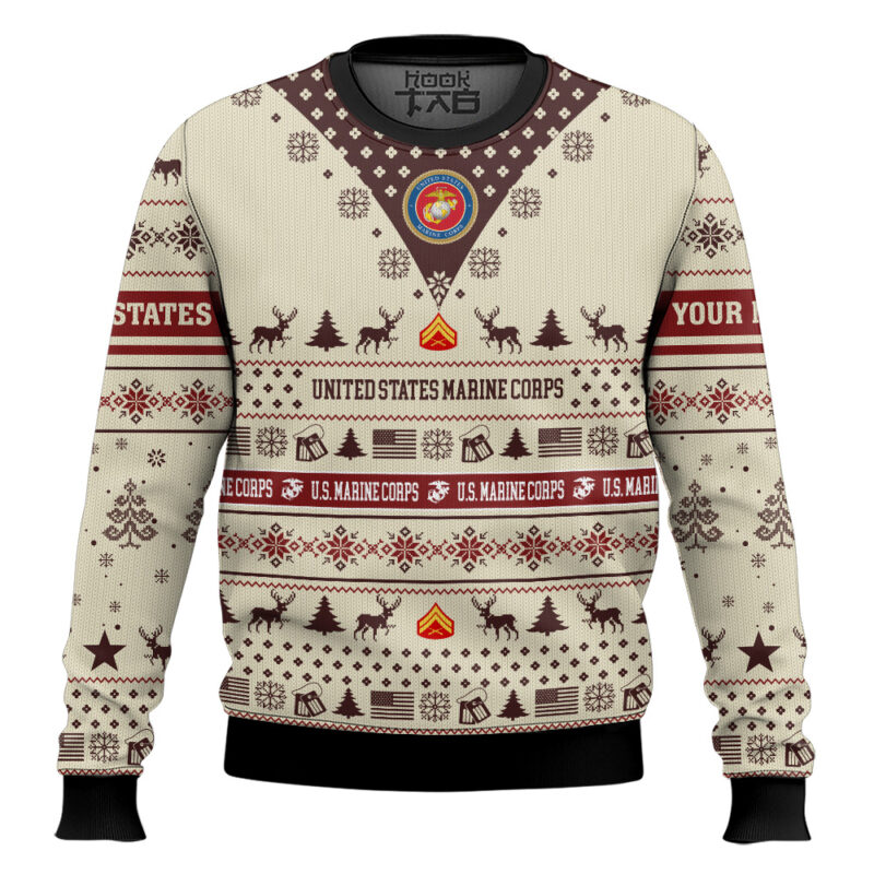 Hooktab US Marine Corps Merry Christmas Brothers - Custom Name And Rank Ugly Sweater