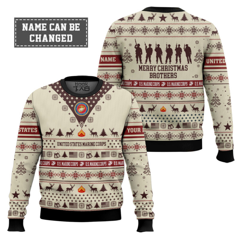 Hooktab US Marine Corps Merry Christmas Brothers - Custom Name And Rank Ugly Sweater Hooktab US Marine Corps Merry Christmas Brothers - Custom Name And Rank Ugly Sweater