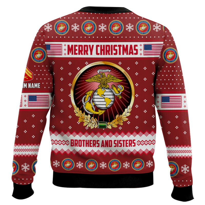 Hooktab US Marine Corps Merry Christmas Brothers And Sisters - Custom Name And Rank Ugly Sweater Hooktab US Marine Corps Merry Christmas Brothers And Sisters - Custom Name And Rank Ugly Sweater
