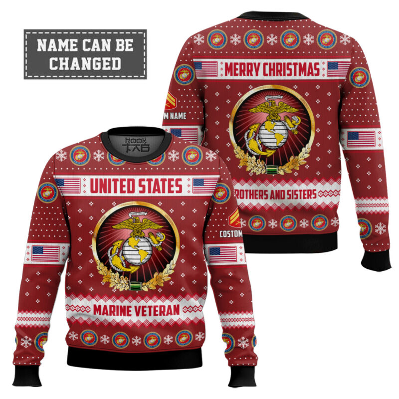 Hooktab US Marine Corps Merry Christmas Brothers And Sisters - Custom Name And Rank Ugly Sweater Hooktab US Marine Corps Merry Christmas Brothers And Sisters - Custom Name And Rank Ugly Sweater