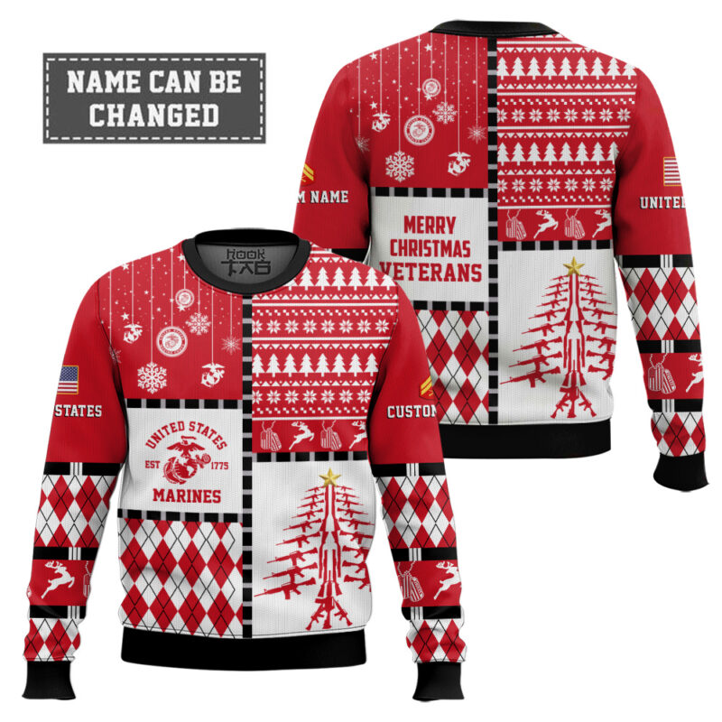 Hooktab US Marine Corps Merry Christmas Veteran - Custom Name And Rank Ugly Sweater Hooktab US Marine Corps Merry Christmas Veteran - Custom Name And Rank Ugly Sweater