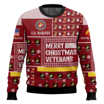 Hooktab US Marine Corps Merry Christmas Veterans - Custom Name And Rank Ugly Sweater
