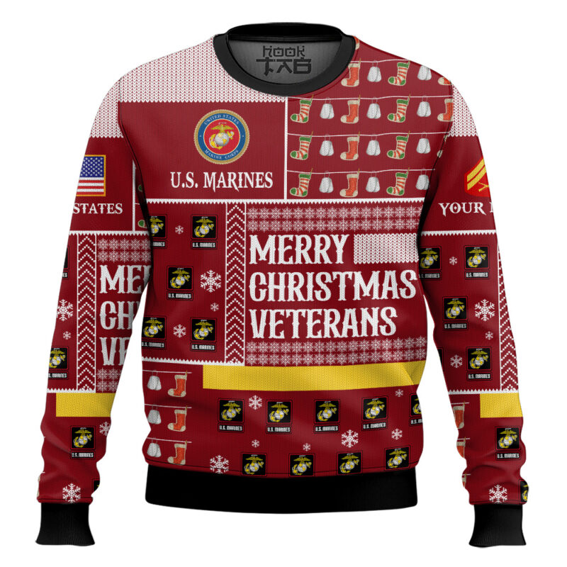 Hooktab US Marine Corps Merry Christmas Veterans - Custom Name And Rank Ugly Sweater