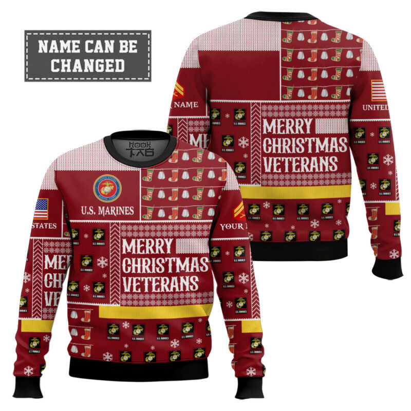 Hooktab US Marine Corps Merry Christmas Veterans - Custom Name And Rank Ugly Sweater Hooktab US Marine Corps Merry Christmas Veterans - Custom Name And Rank Ugly Sweater