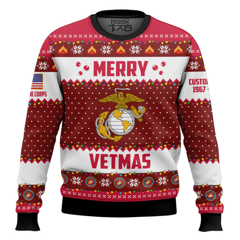 Hooktab US Marine Corps Merry Vetmas - Custom Name And Years Of Service Ugly Sweater