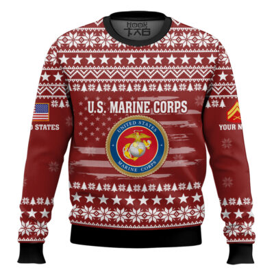 Hooktab US Marine Corps My Time In Uniform Is Over But Being A Veteran Never Ends - Custom Name And Rank Ugly Sweater