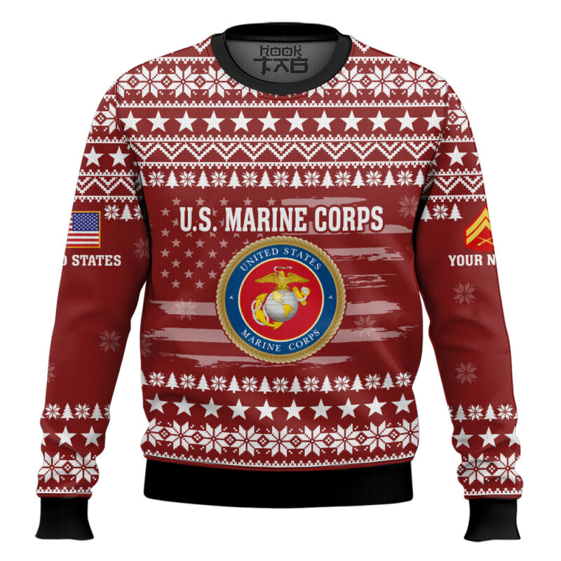 Hooktab US Marine Corps My Time In Uniform Is Over But Being A Veteran Never Ends - Custom Name And Rank Ugly Sweater