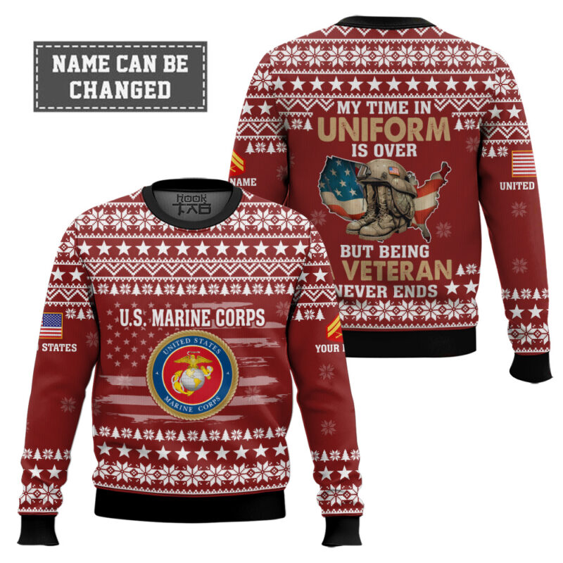 Hooktab US Marine Corps My Time In Uniform Is Over But Being A Veteran Never Ends - Custom Name And Rank Ugly Sweater Hooktab US Marine Corps My Time In Uniform Is Over But Being A Veteran Never Ends - Custom Name And Rank Ugly Sweater