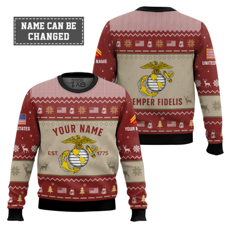 Hooktab US Marine Corps Proud Motto - Custom Name, Rank And Years Of Service Ugly Sweater Hooktab US Marine Corps Proud Motto - Custom Name, Rank And Years Of Service Ugly Sweater