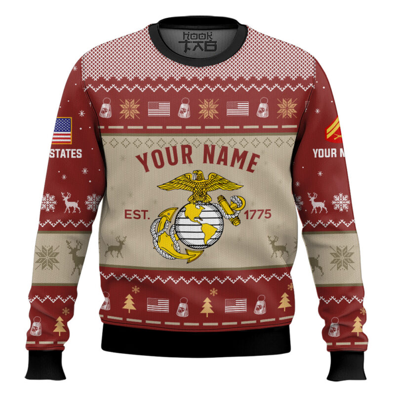 Hooktab US Marine Corps Proud Motto - Custom Name, Rank And Years Of Service Ugly Sweater