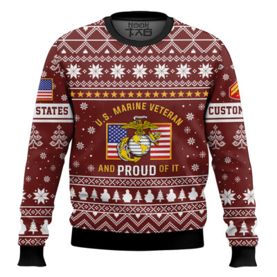Hooktab US Marine Corps Proud Veteran - Custom Name And Rank Ugly Sweater