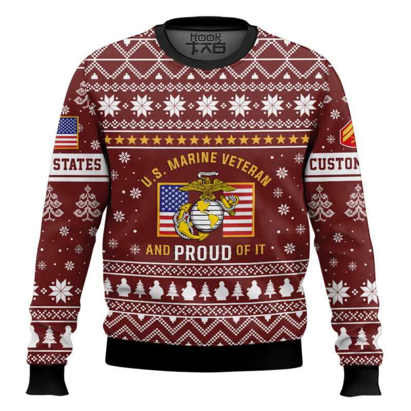Hooktab US Marine Corps Proud Veteran - Custom Name And Rank Ugly Sweater