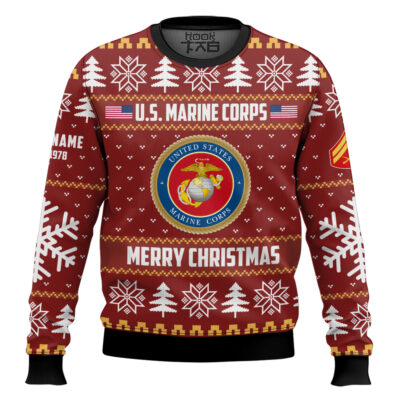Hooktab US Marine Corps Proud Veteran - Custom Name, Rank And Years Of Service Ugly Sweater