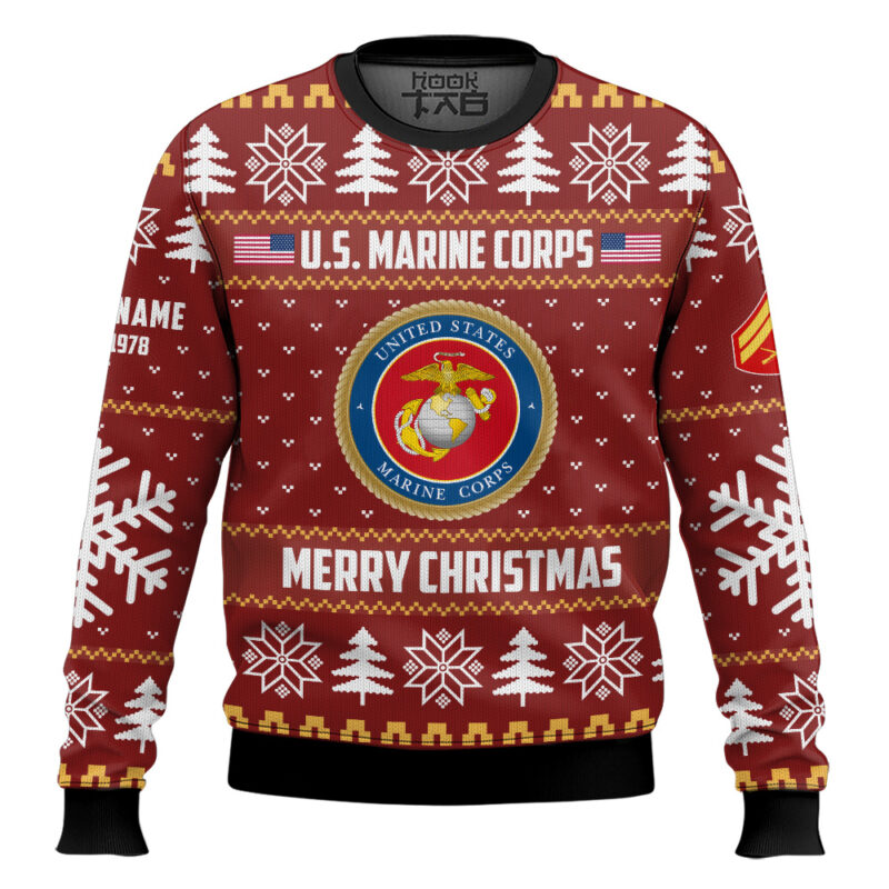 Hooktab US Marine Corps Proud Veteran - Custom Name, Rank And Years Of Service Ugly Sweater