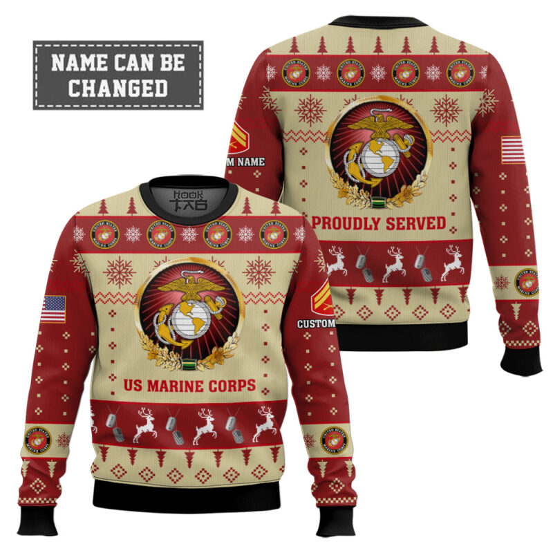 Hooktab US Marine Corps Proudly Served - Custom Name And Rank Ugly Sweater Hooktab US Marine Corps Proudly Served - Custom Name And Rank Ugly Sweater