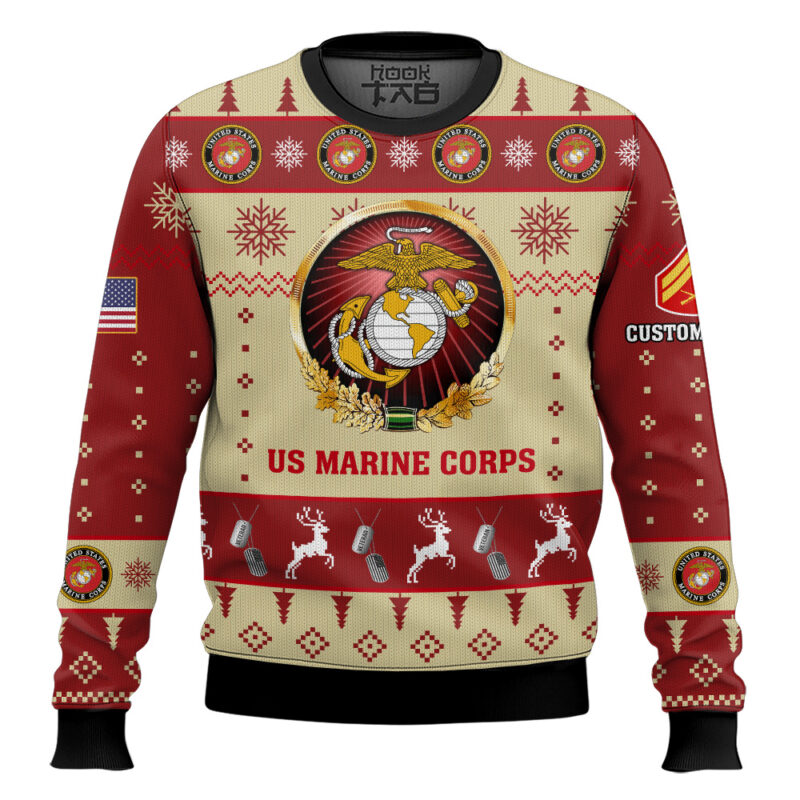 Hooktab US Marine Corps Proudly Served - Custom Name And Rank Ugly Sweater