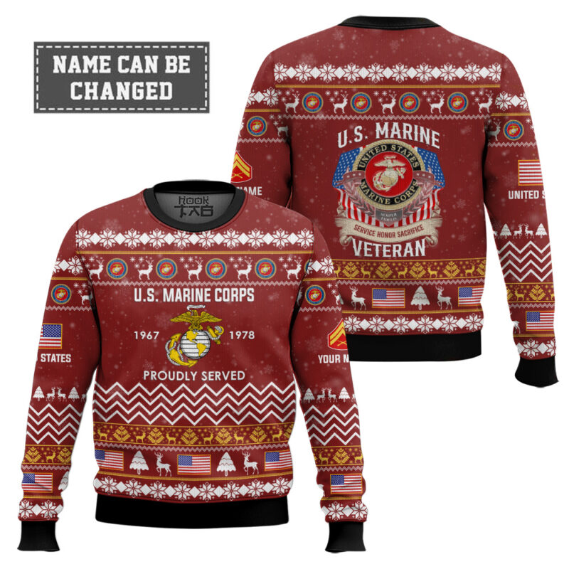 Hooktab US Marine Corps Proudly Served Veteran - Custom Name, Rank And Years Of Service Ugly Sweater Hooktab US Marine Corps Proudly Served Veteran - Custom Name, Rank And Years Of Service Ugly Sweater