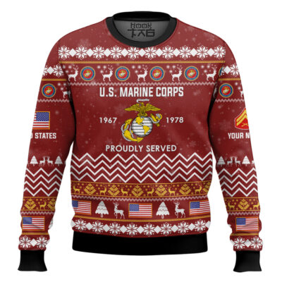 Hooktab US Marine Corps Proudly Served Veteran - Custom Name, Rank And Years Of Service Ugly Sweater