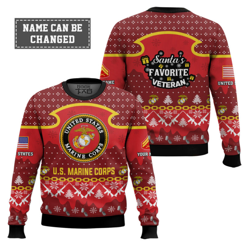 Hooktab US Marine Corps Santa's Favorite Veteran - Custom Name And Rank Ugly Sweater Hooktab US Marine Corps Santa's Favorite Veteran - Custom Name And Rank Ugly Sweater