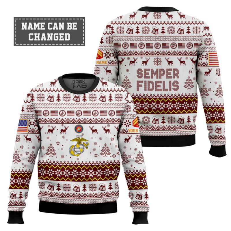 Hooktab US Marine Corps Semper Fidelis - Custom Name And Rank Ugly Sweater Hooktab US Marine Corps Semper Fidelis - Custom Name And Rank Ugly Sweater